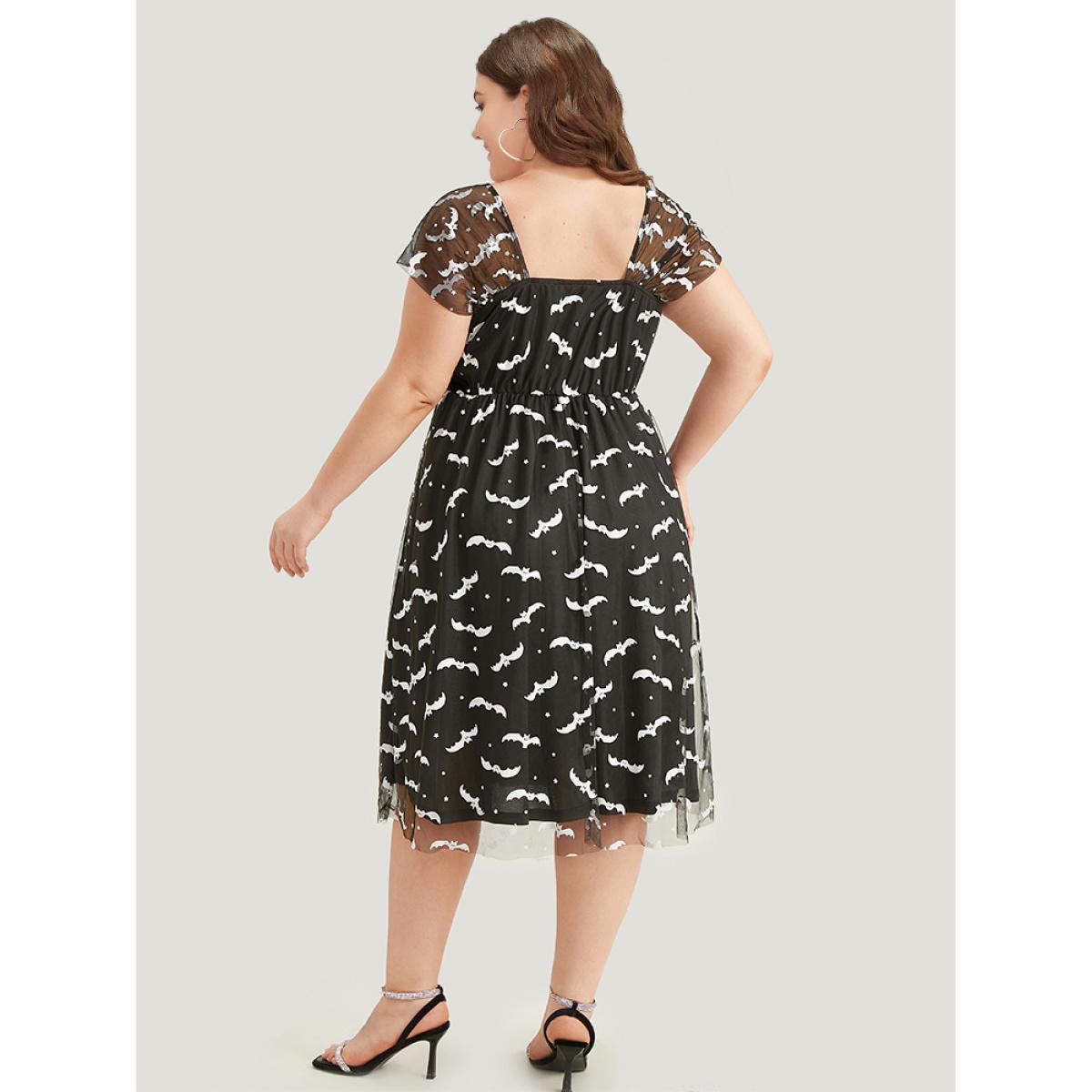 Plus Size Halloween Bat Print Mesh Square Neck Dress Black Women Glamour See through Square Neck Sleeveless Curvy Midi Dress BloomChic 22-24/3X Product Image