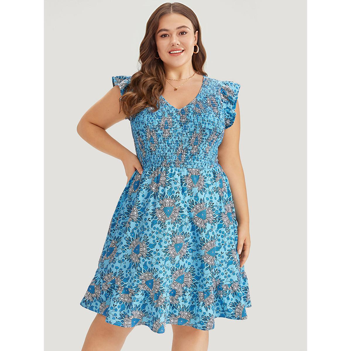 Plus Size Floral Print Shirred Ruffle Cap Sleeve Layered Hem Dress Cerulean Women Elegant Shirred V-neck Cap Sleeve Curvy Knee Dress BloomChic 26/4X Product Image