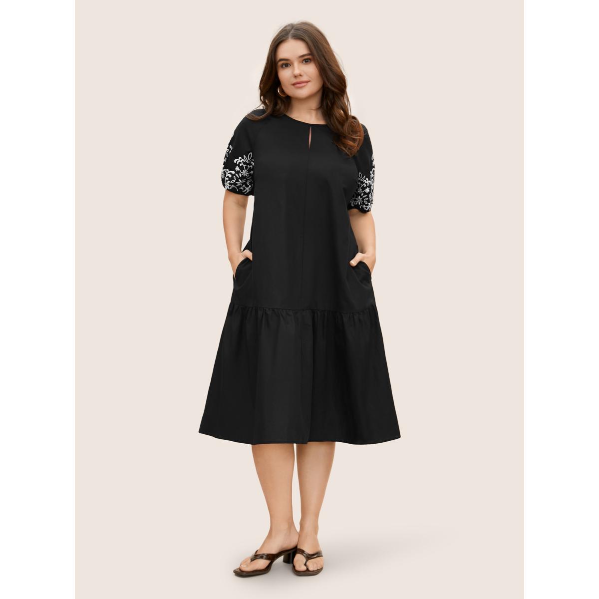 Plus Size Floral Embroidered Keyhole Lantern Sleeve Dress Black Women Casual Gathered Round Neck Half Sleeve Curvy BloomChic 12/L Product Image