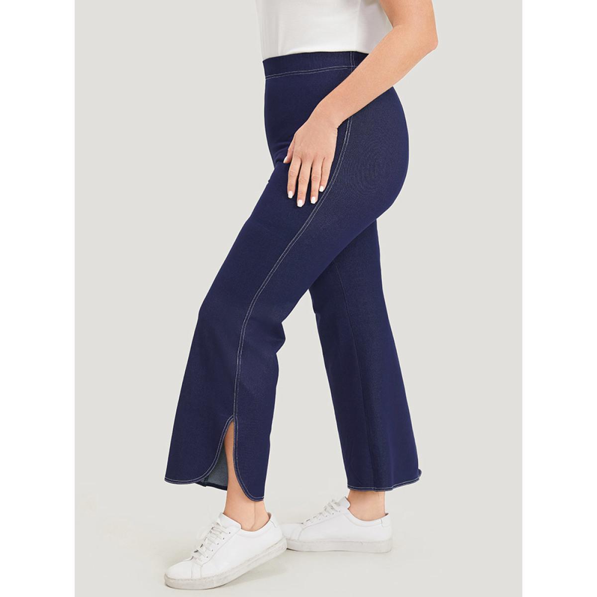 Plus Size Supersoft Essentials Contrast Stitch Curved Hem Very Stretchy Jeans Women DarkBlue Casual Plain Elastic Waist Medium stretch Jeans BloomChic 30/6X Product Image
