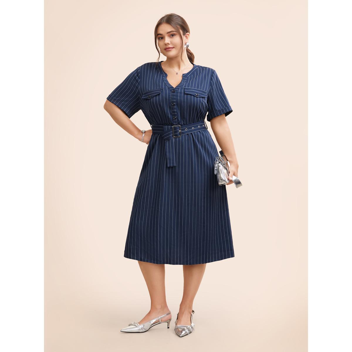 Plus Size Striped Notched Button Detail Belted Dress Navy Women At the Office Belted Flat collar with V-notch Short sleeve Curvy BloomChic 14-16/1X Product Image