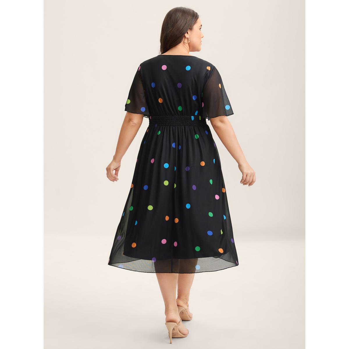 Plus Size Super Stretchy Polka Dot Pockets Midi Dress BlackFlower Women V-neck Short sleeve Curvy BloomChic 22-24/3X Product Image