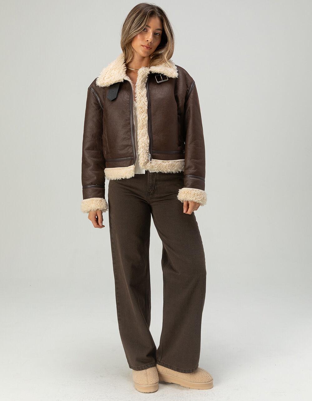 FULL TILT Womens Sherpa Moto Jacket - BROWN Product Image