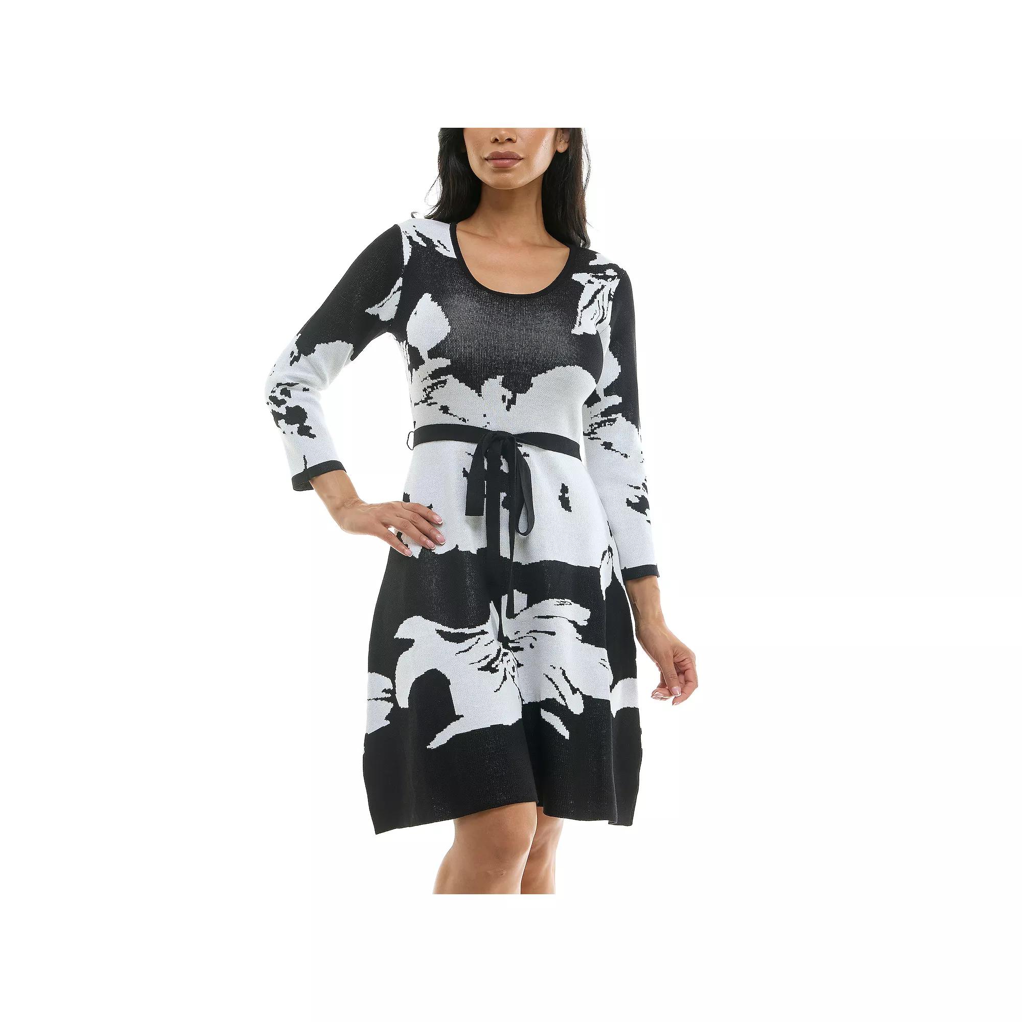 Women's Nina Leonard Fit & Flare Jacquard Midi Sweater Dress, Size: Medium, Black Ivory Product Image