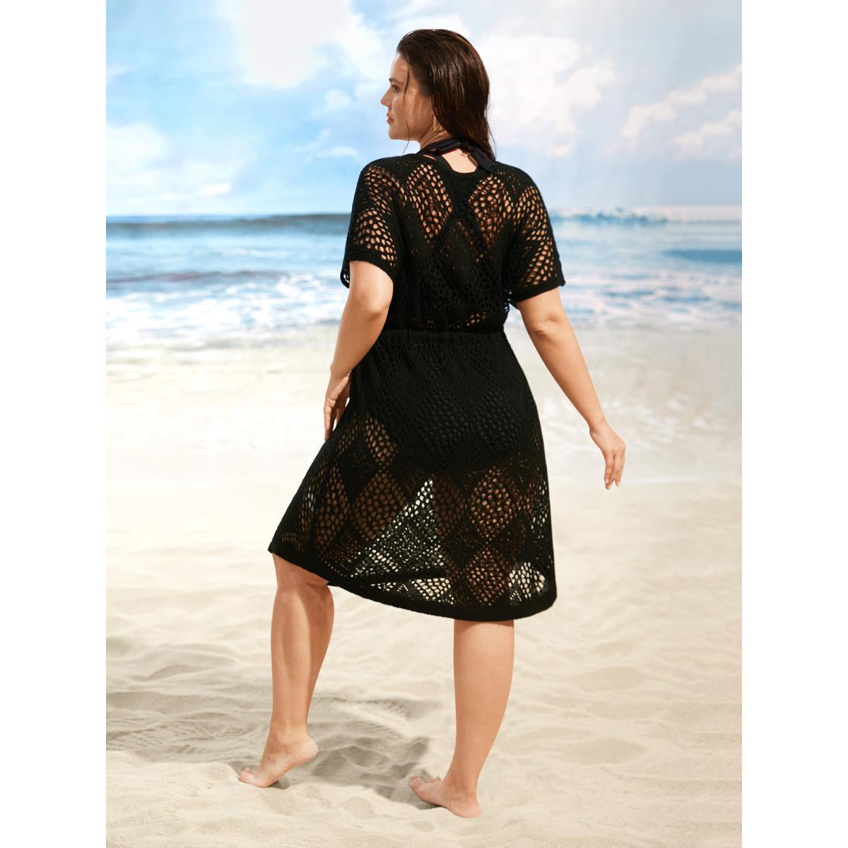 Plus Size Geometric Cut Out Drawstring Dolman Sleeve Swim Cover Up Women's Swimwear Black Beach Loose Texture Curve Swim Cover Ups BloomChic 14-16/1X Product Image