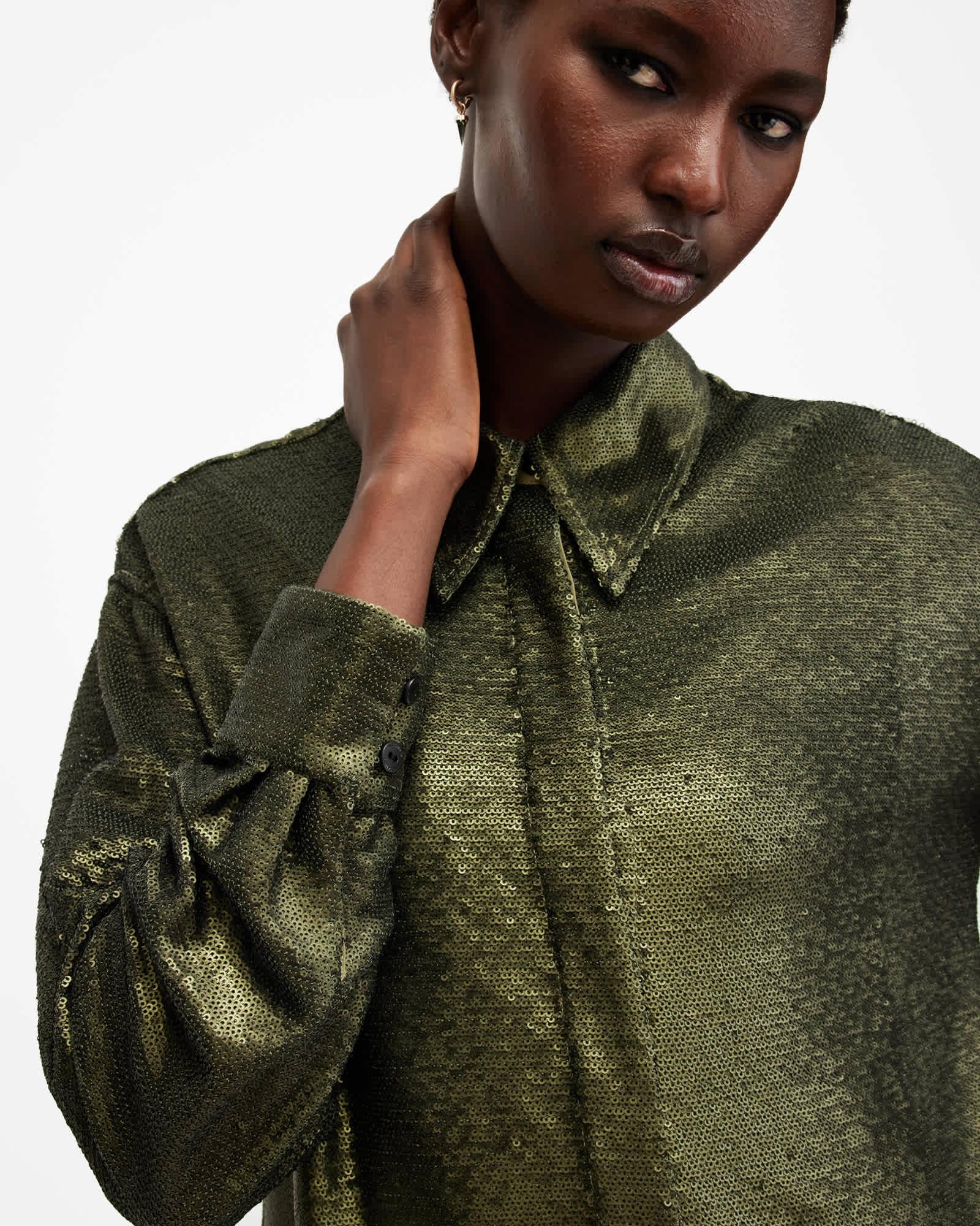 Charli Sequin Relaxed Fit Shirt Olive Green | ALLSAINTS US Product Image