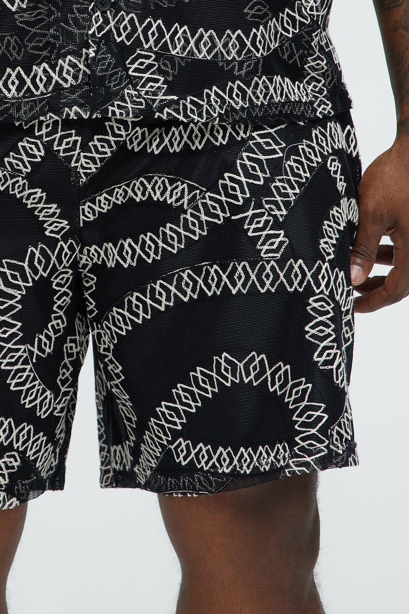 Embroidered Netting Relaxed Shorts - Black Product Image