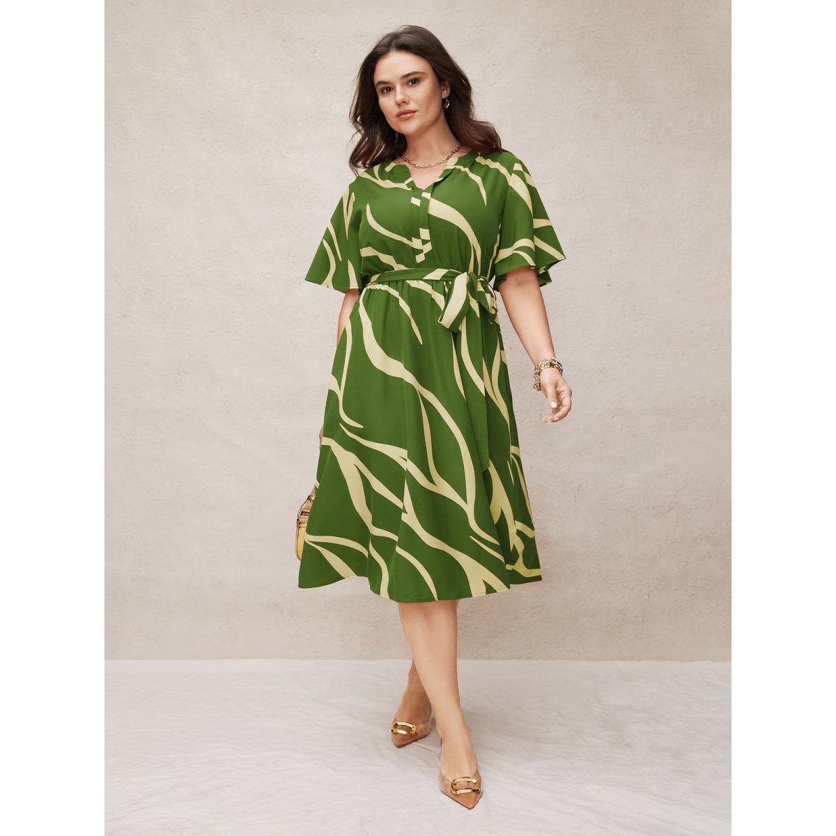 Plus Size Geometric Surplice Neck Tie Knot Midi Dress Olive Women At the Office Belted Flat collar with V-notch Short sleeve Curvy BloomChic 30/6X Product Image