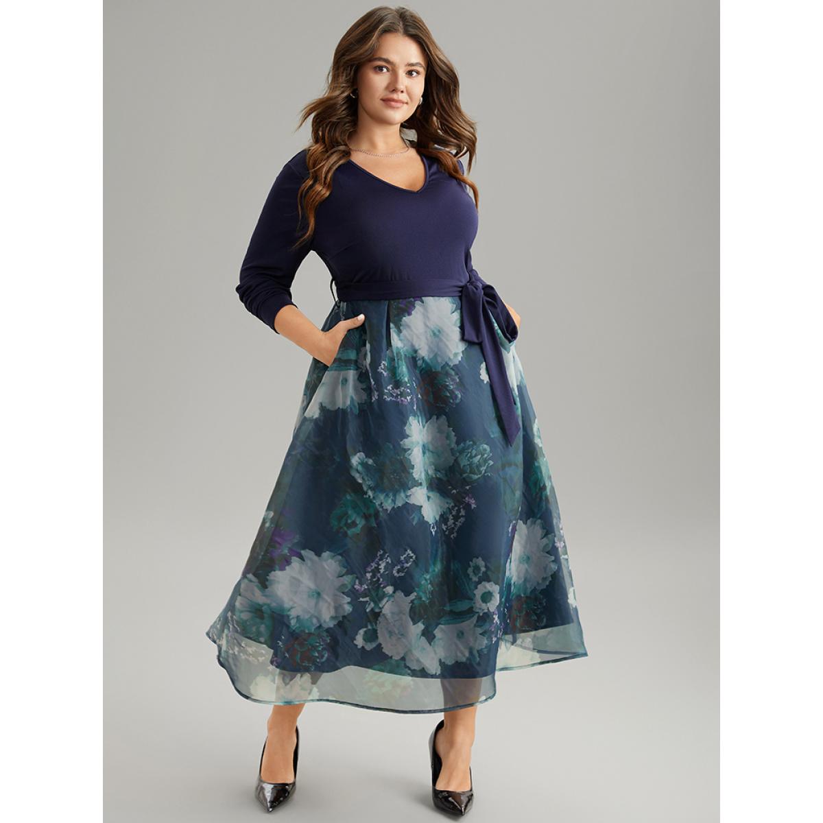 Plus Size Floral Print Belted Patchwork Mesh Dress DarkBlue Women Elegant Belted V-neck Long Sleeve Curvy Midi Dress BloomChic 10/M Product Image