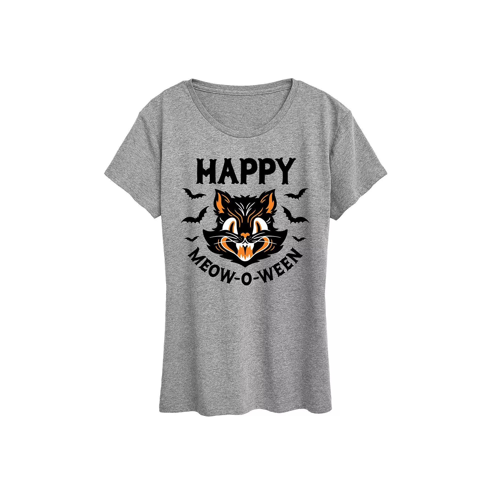 Women's Vintage Cat Happy Meow O Ween Graphic Tee, Girl's,  Product Image