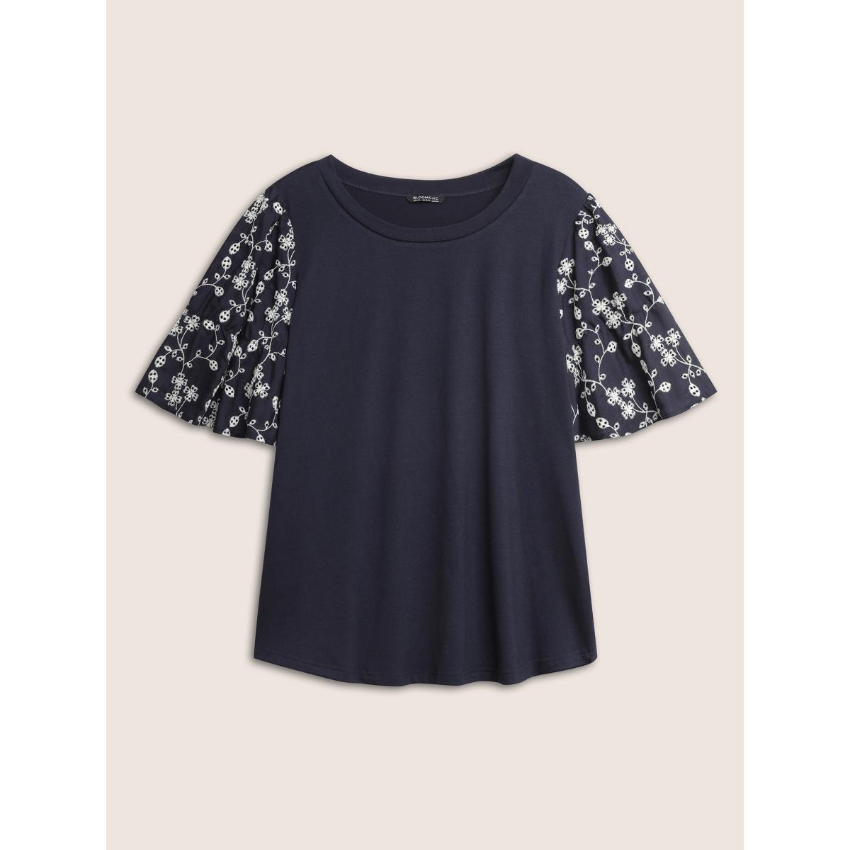 Plus Size Ditsy Floral Patchwork Broderie Anglaise T-shirt Midnight Women Elegant Patchwork Ditsy Floral Round Neck Everyday T-shirts BloomChic 14-16/1X Product Image