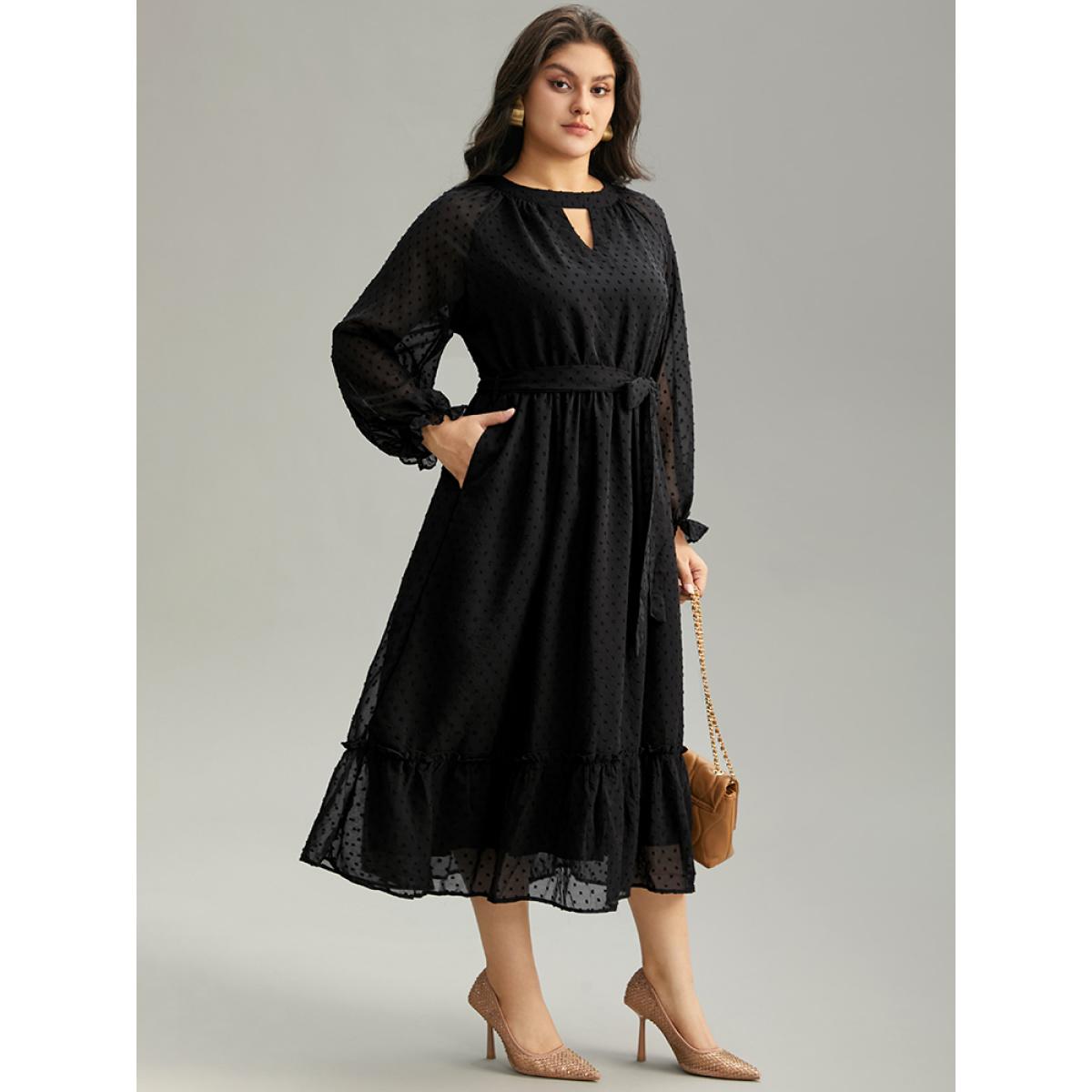 Plus Size Chiffon Texture Belted Mesh Keyhole Frill Trim Dress Black Women Office Texture Keyhole Cut-Out Long Sleeve Curvy Midi Dress BloomChic 18-20/2X Product Image