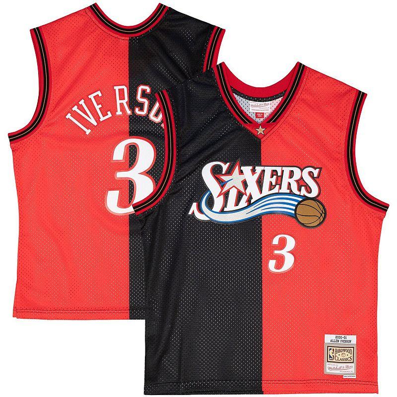 Men's Mitchell & Ness Allen Iverson Black/Red Philadelphia 76ers Big & Tall Hardwood Classics 2000/01 Split Swingman Jersey, Size: 4XB, 76r Black Product Image