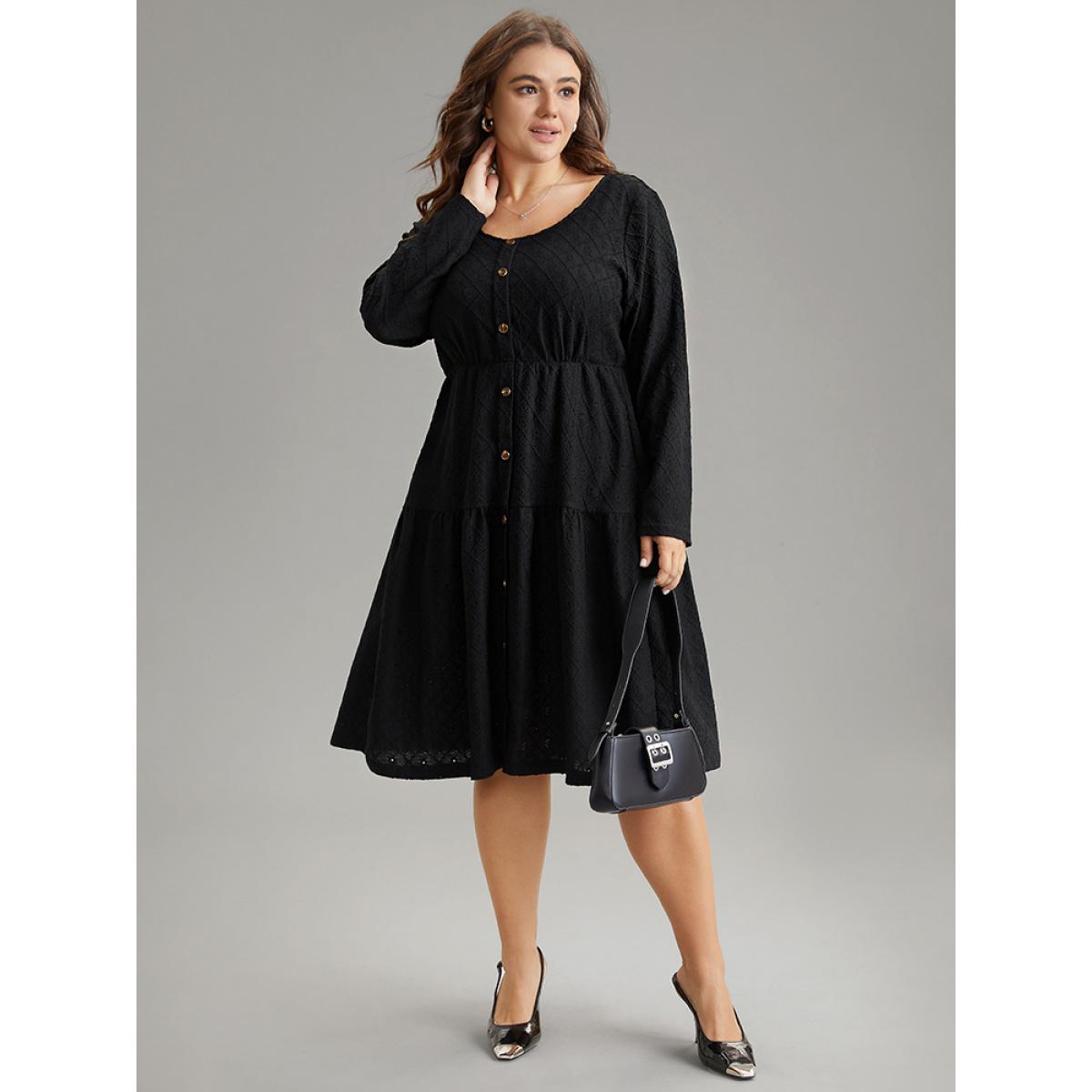 Plus Size Plain Gathered Button Detail Texture Ruffle Hem Dress Black Women Office Texture Round Neck Long Sleeve Curvy Midi Dress BloomChic 26/4X Product Image