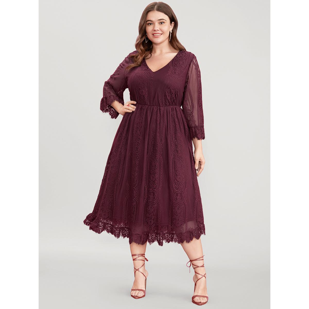Plus Size Floral V Neck Pocket Contrast Lace Mesh Ruffles Dress Scarlet Women Glamour See through V-neck Elbow-length sleeve Curvy Midi Dress BloomChic 30/6X Product Image