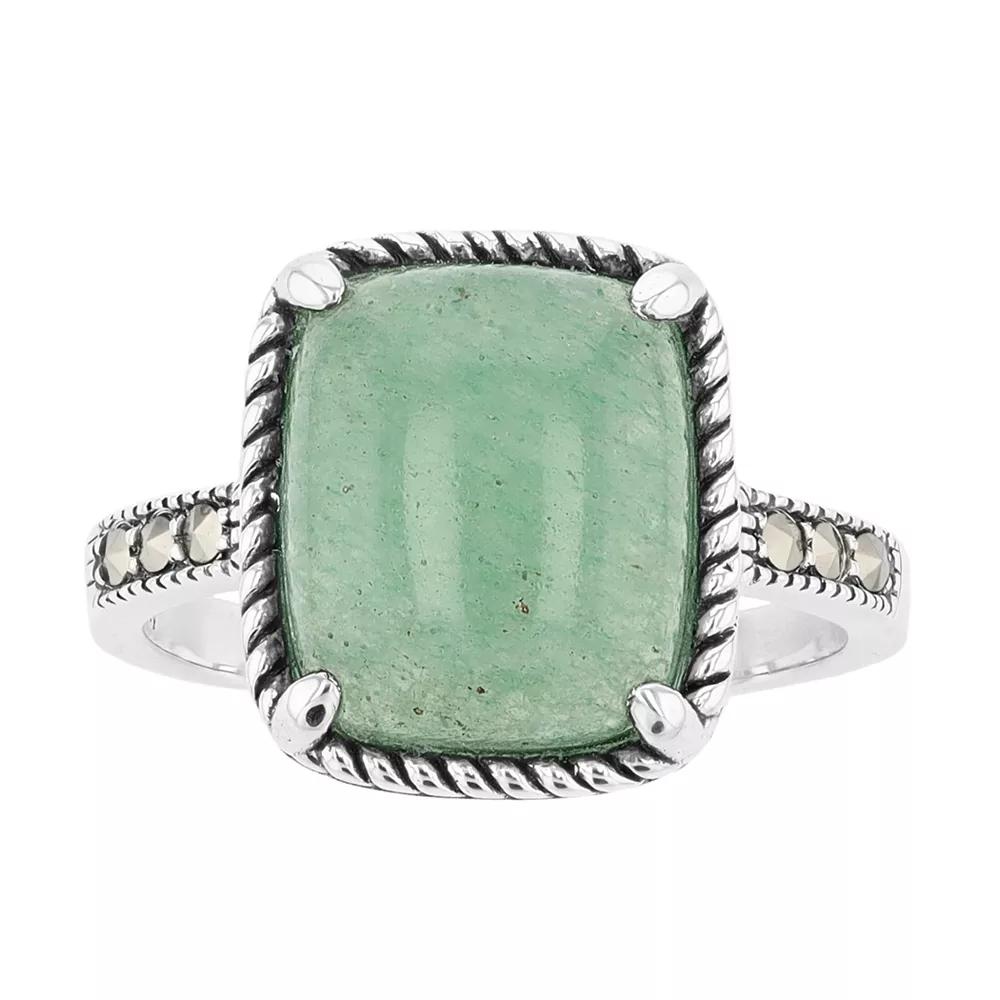 Lavish by TJM Sterling Silver Green Aventurine & Marcasite Cushion Ring, Women's, Size: 8 Product Image