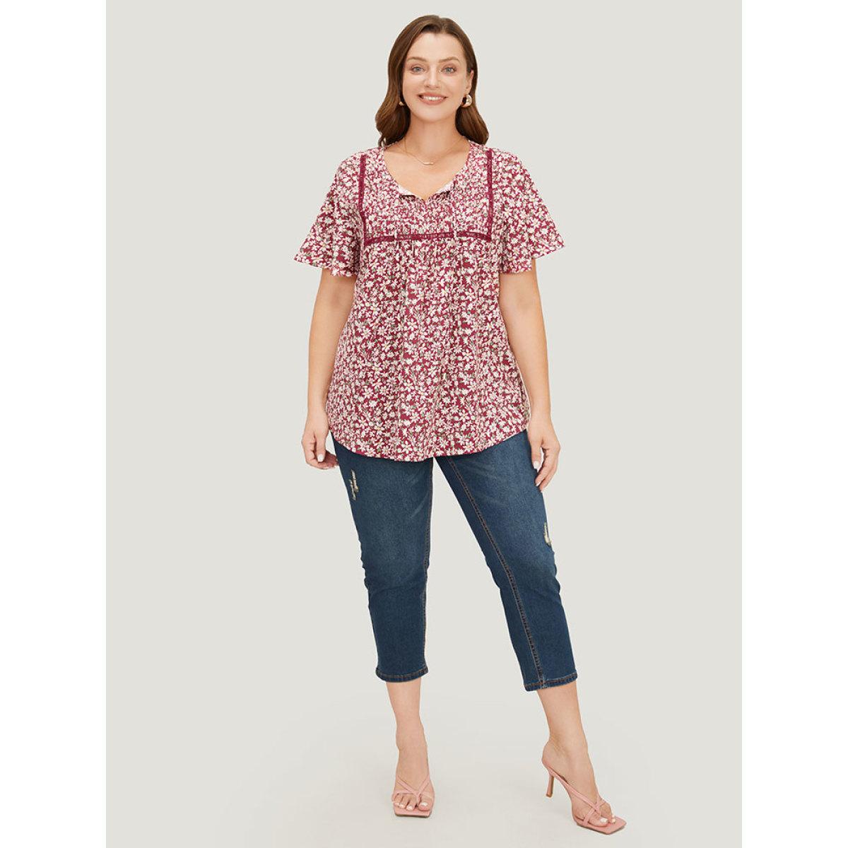 Plus Size RedViolet Ditsy Floral Lace Gathered Tie Neck Blouse Women Elegant Short sleeve Tie Neck Dailywear Blouses BloomChic 10/M Product Image