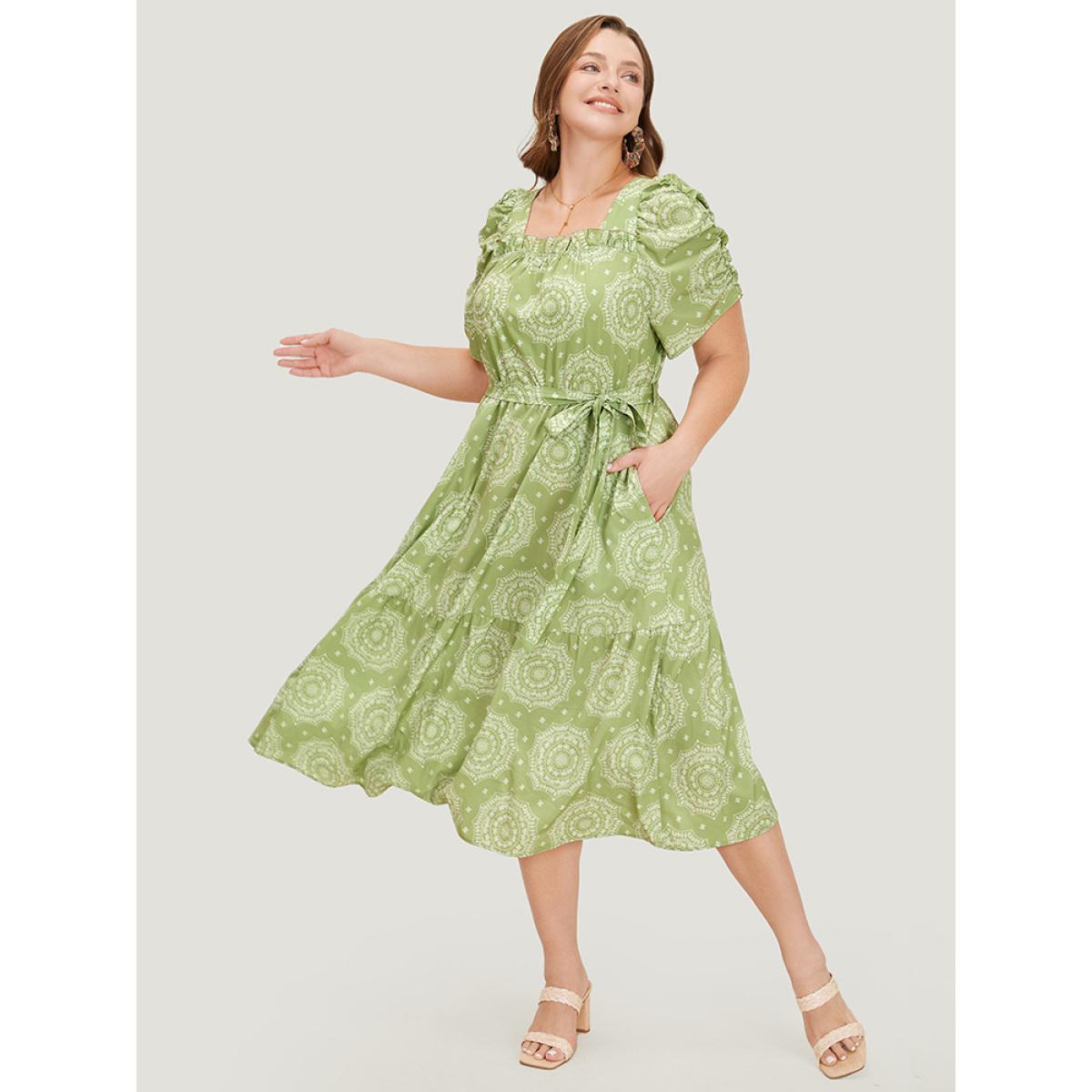 Plus Size Bandana Print Ruched Sleeve Frill Trim Pocket Belt Dress LightGreen Women Vacation Ruched Square Neck Short sleeve Curvy Midi Dress BloomChic 10/M Product Image