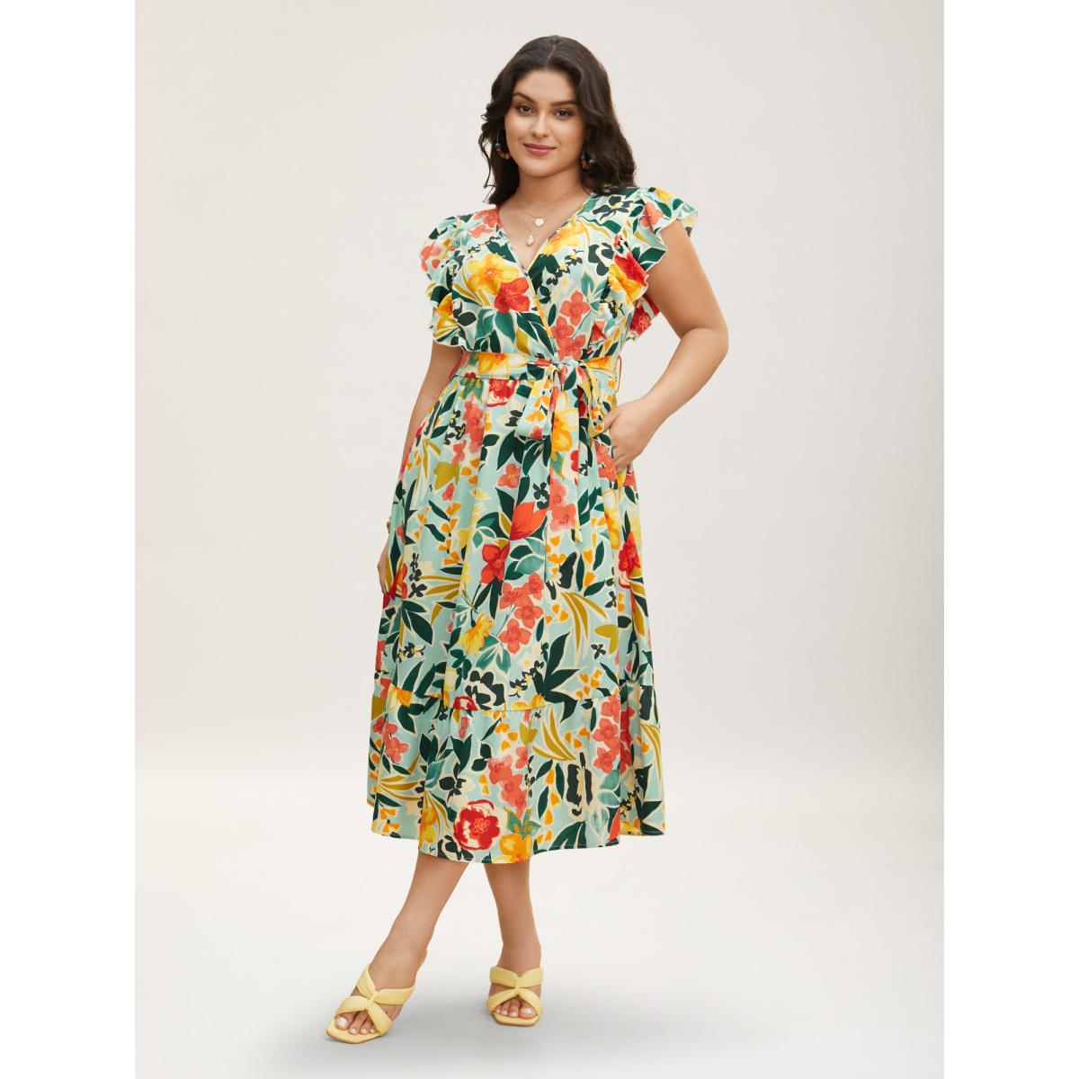 Plus Size Floral Wrap Patchwork Ruffle Cap Sleeve Dress LightBlue Women Resort Belted V-neck Cap Sleeve Curvy BloomChic 22-24/3X Product Image