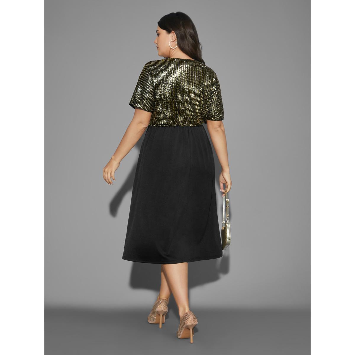 Plus Size Sequin Patchwork Dolman Sleeve Dress Black Women Cocktail Texture Party Curvy Bloomchic 26/4X Product Image