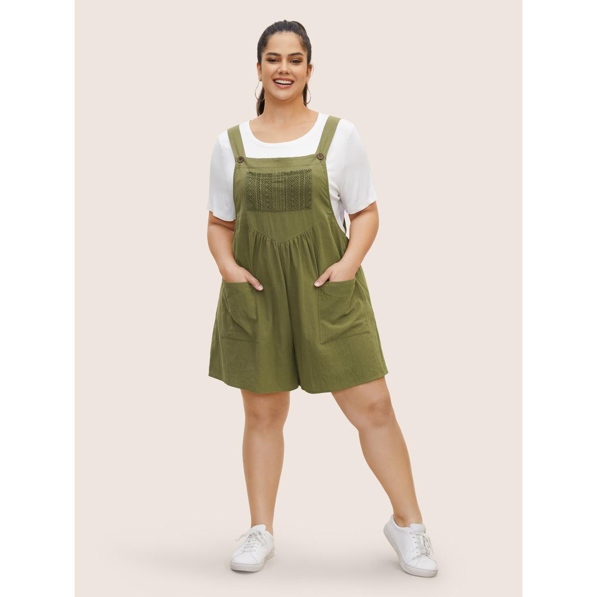 Plus Size ArmyGreen Cotton Plain Textured Patch Pocket Jumpsuit Women Casual Sleeveless Square Neck Everyday Loose Jumpsuits BloomChic 12/L Product Image
