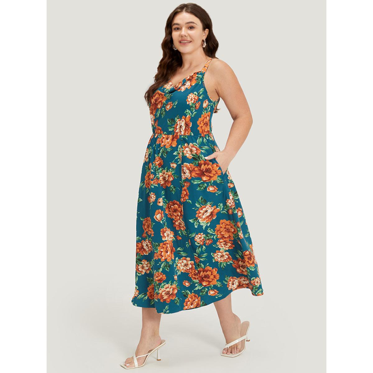 Plus Size Floral Print Cowl Neck Pocket Cami Dress Cyan Women Elegant Adjustable Straps Spaghetti Strap Sleeveless Curvy Midi Dress BloomChic 18-20/2X Product Image