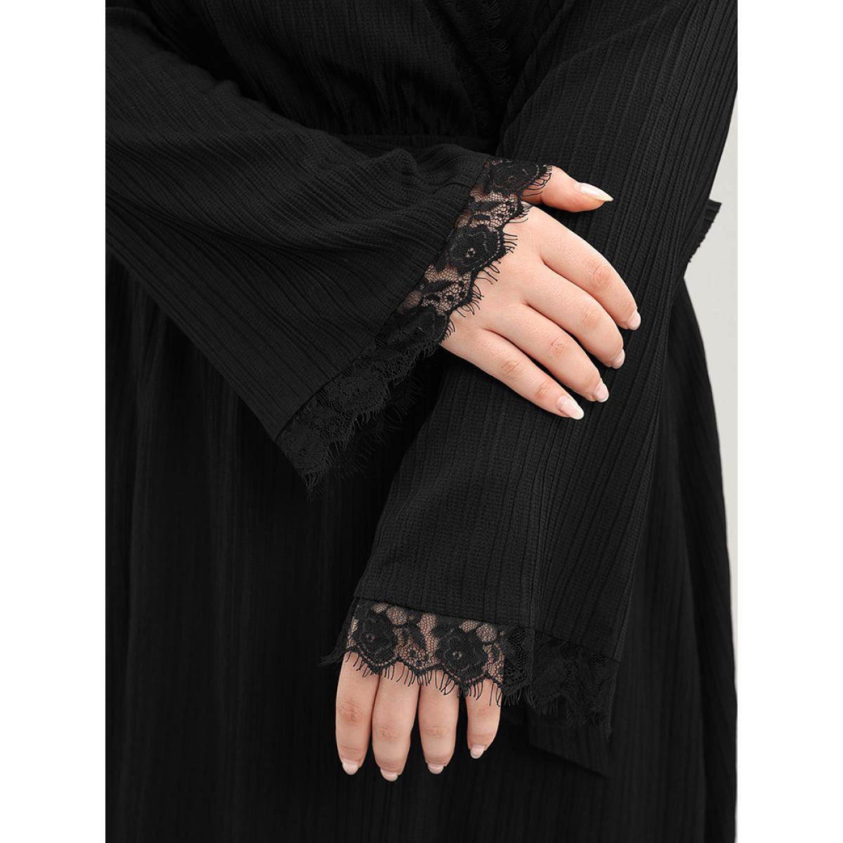 Plus Size Solid Textured Bell Sleeve Pocket Contrast Lace Belted Dress Black Women Elegant Lace V-neck Long Sleeve Curvy Midi Dress BloomChic 28/5X Product Image