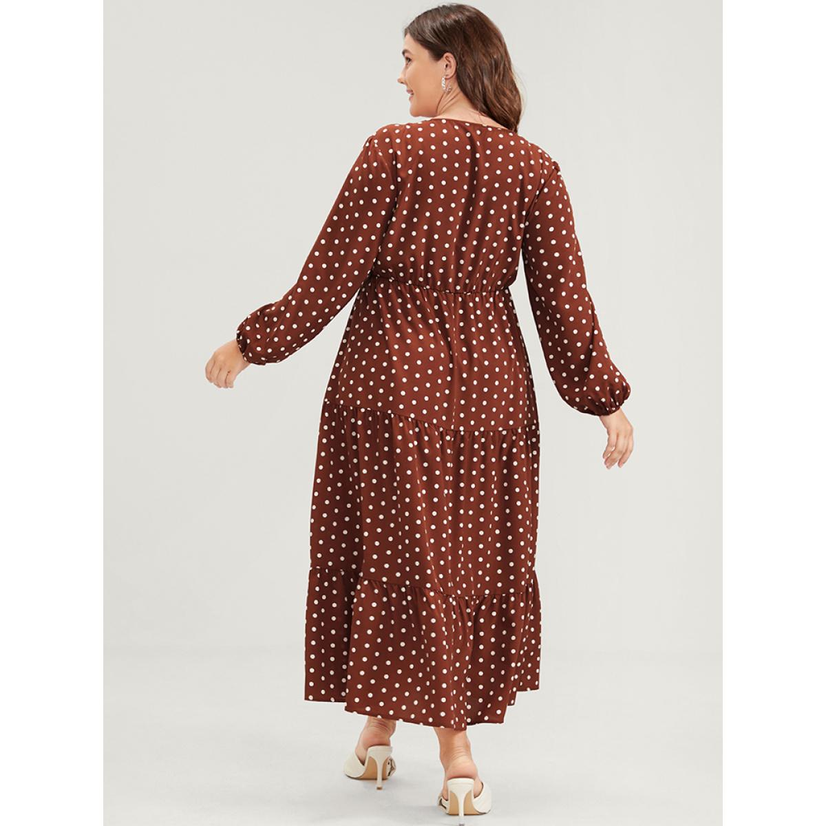 Plus Size Polka Dot Lantern Sleeve Pocket Ruffle Tiered Split Maxi Dress DarkBrown Women Elegant Elastic Waist V-neck Long Sleeve Curvy Long Dress BloomChic 10/M Product Image