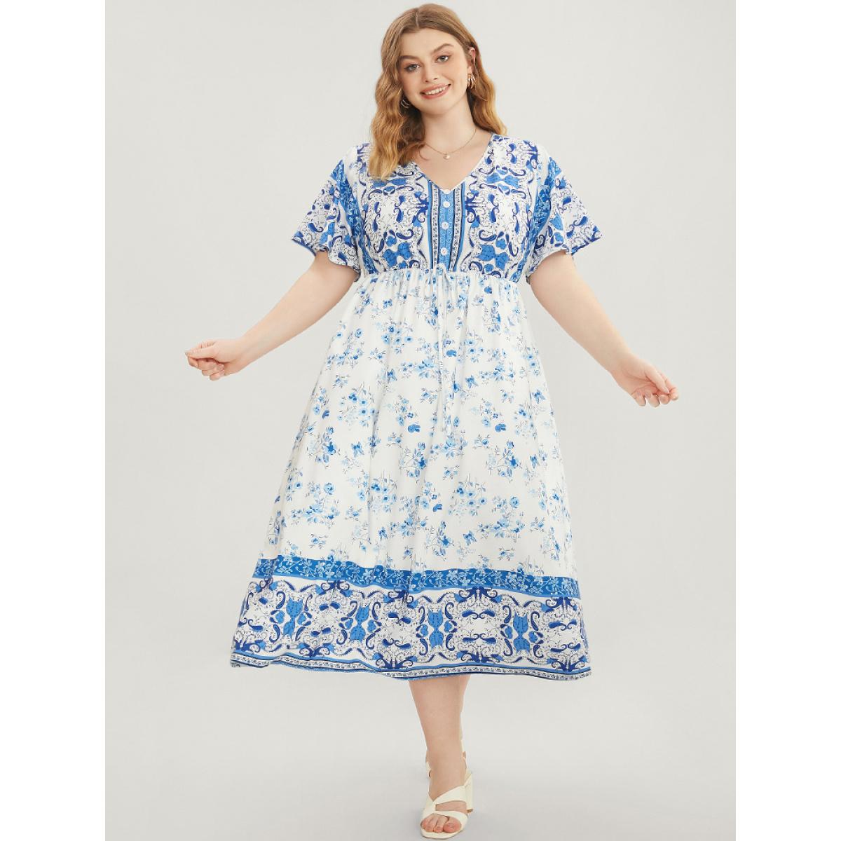 Plus Size Bandana Ruffle Sleeve Button Detail Pocket Ties Up Dress LightBlue Women Vacation Pocket V-neck Short sleeve Curvy Midi Dress BloomChic 12/L Product Image