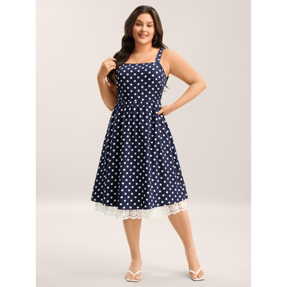 Plus Size Polka Dots Print Adjustable Lace Midi Dress DarkBlue Women Non Sleeveless Curvy BloomChic 22-24/3X Product Image
