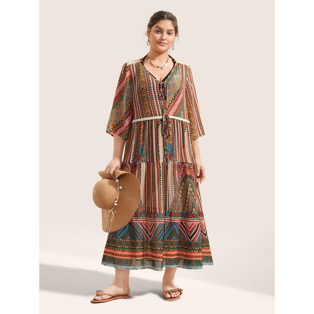 Plus Size Bandana Lace Patchwork Pocket Ties Kimono Women Turquoise Resort Non Vacation Kimonos BloomChic 18-20/2X Product Image