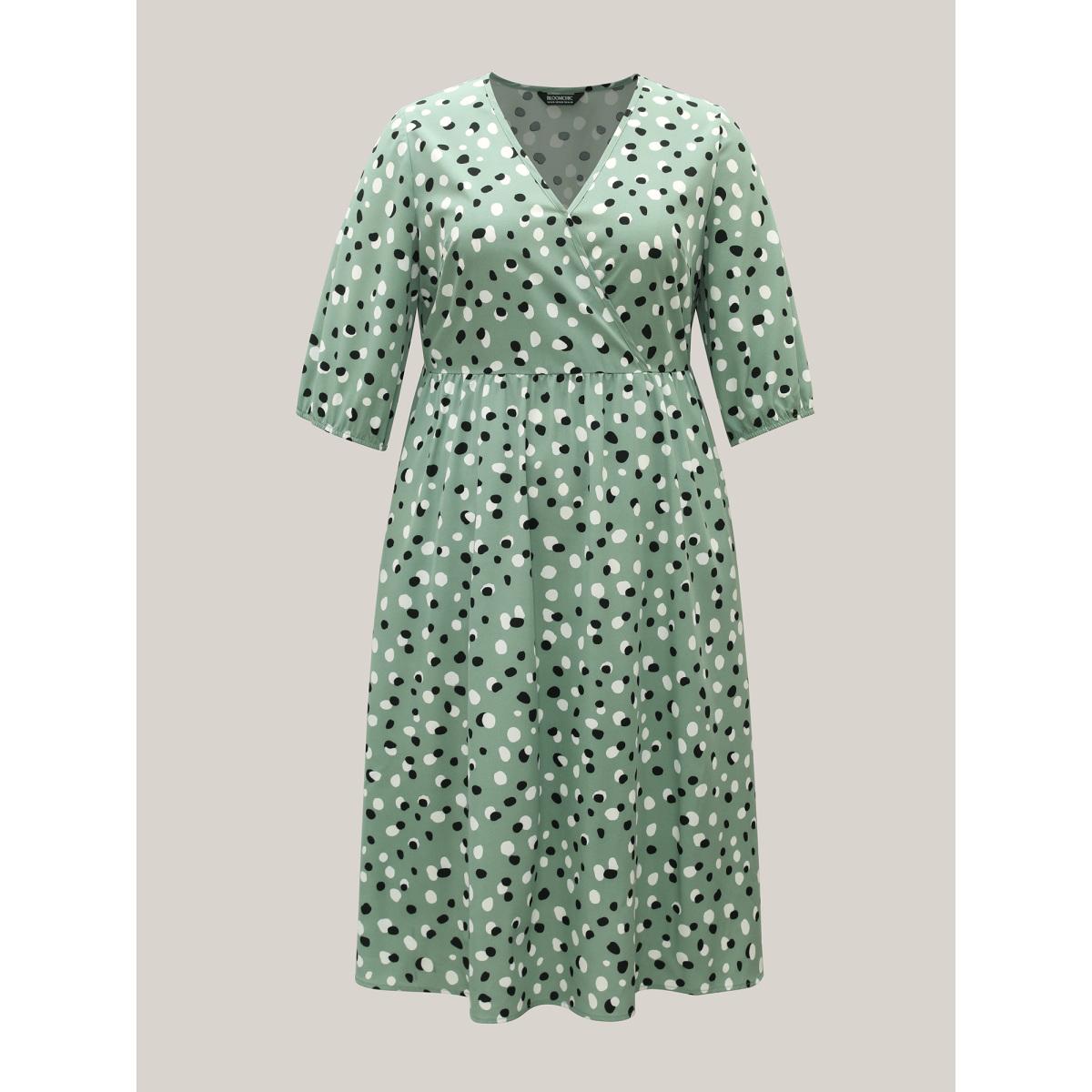 Plus Size Dots Print Surplice Neck Midi Dress Greenbean Women At the Office Non Overlap Collar Elbow-length sleeve Curvy BloomChic 26/4X Product Image