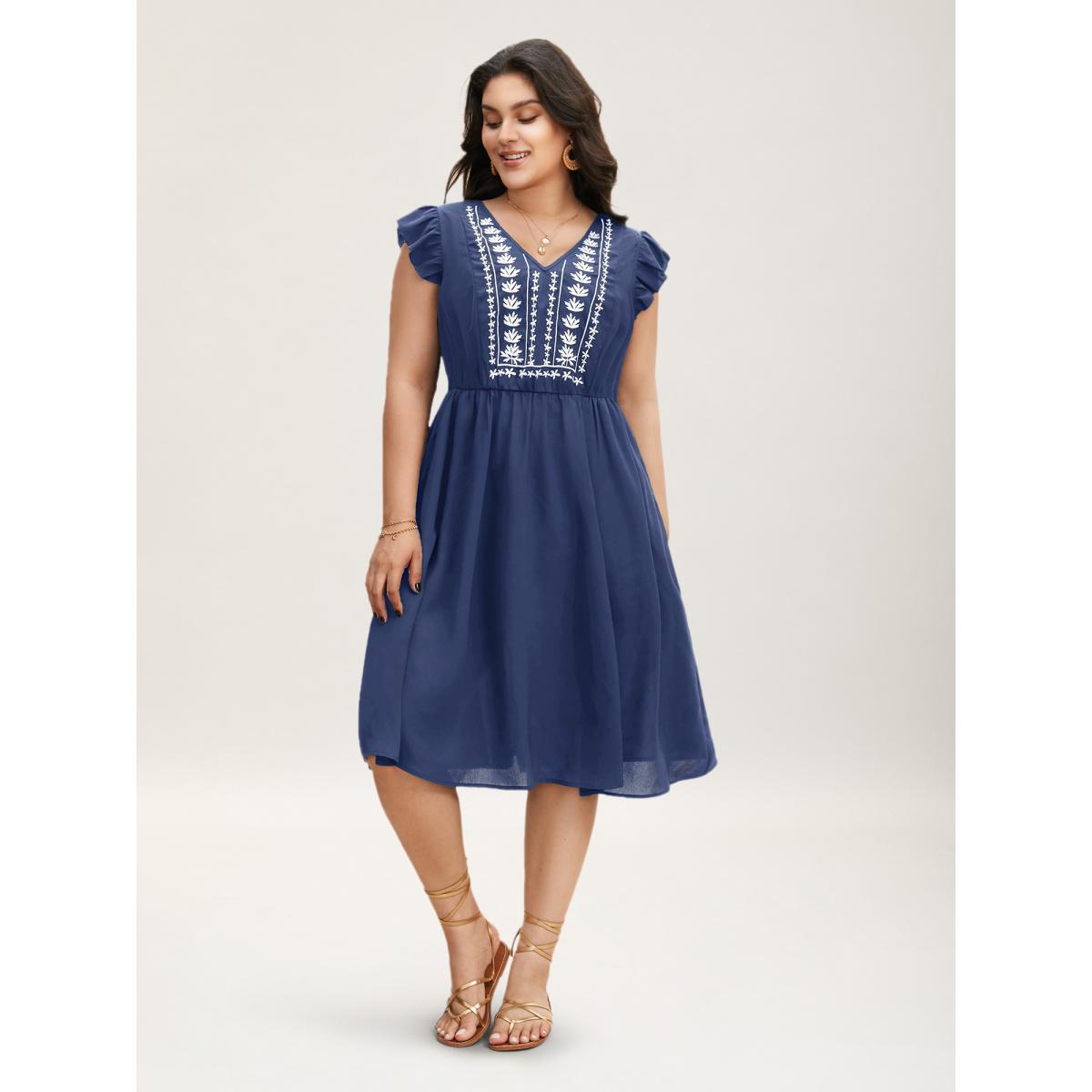 Plus Size Floral Embroidered V Neck Ruffle Cap Sleeve Dress Yellowishbrown Women Boho Embroidered V-neck Cap Sleeve Curvy BloomChic 10/M Product Image