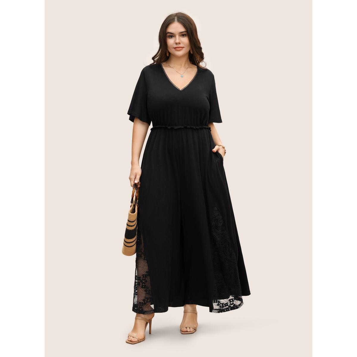 Plus Size Black V Neck Lace Panel Frill Trim Jumpsuit Women Resort Short sleeve V-neck Vacation Loose Jumpsuits BloomChic 26/4X Product Image