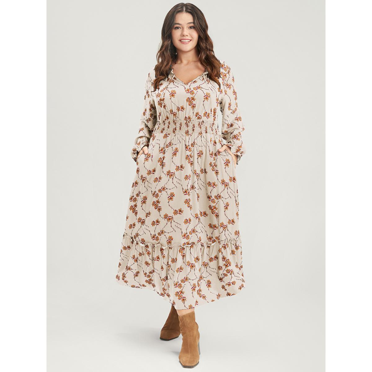 Plus Size Floral Lantern Sleeve Pocket Tie Neck Shirred Midi Dress Beige Women Elegant Pocket V-neck Long Sleeve Curvy Midi Dress BloomChic 10/M Product Image