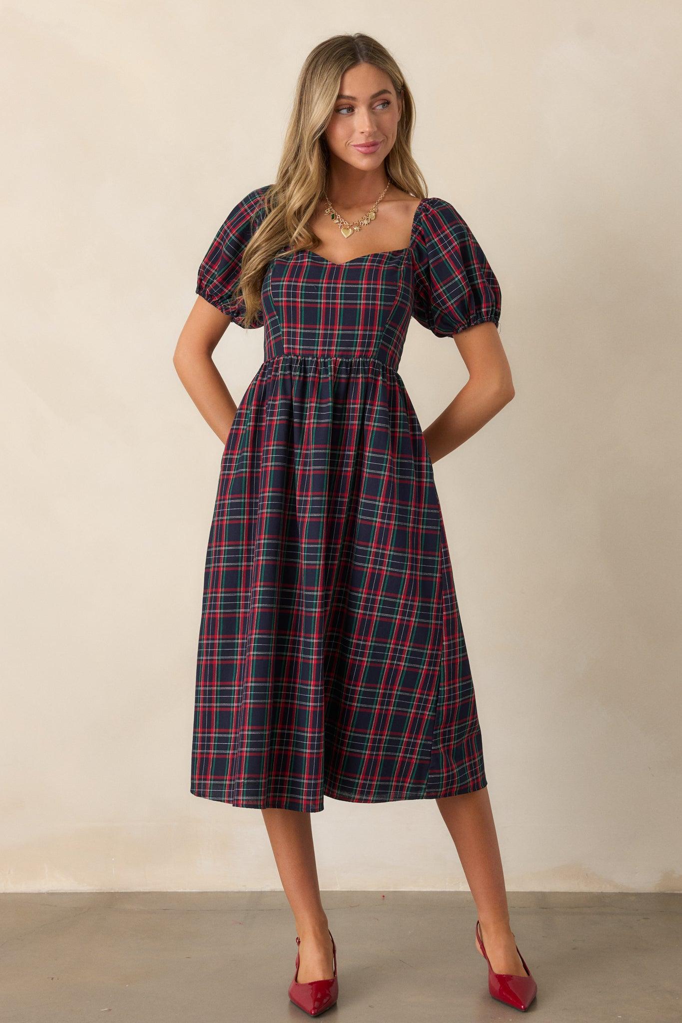 Always You Cotton Navy Plaid Puff Sleeve Midi Dress Product Image