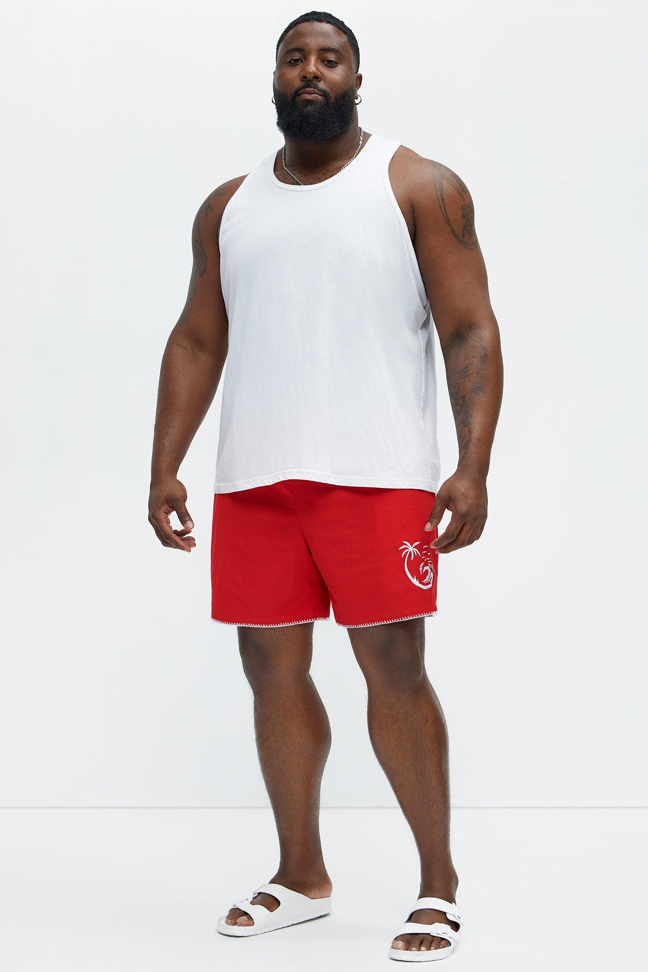 Palm Embroidered Swim Mid Trunk - Red Product Image