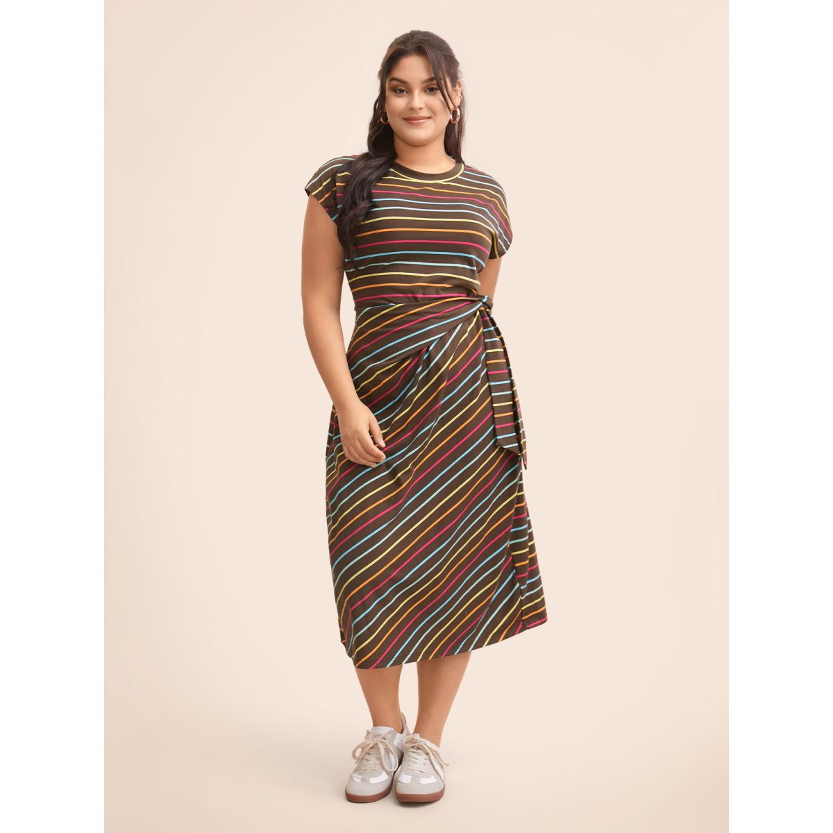 Plus Size Colored Striped Tie Knot Cap Sleeve Dress Browncoffeecolor Women Casual Tie knot Boat Neck Cap Sleeve Curvy BloomChic 26/4X Product Image