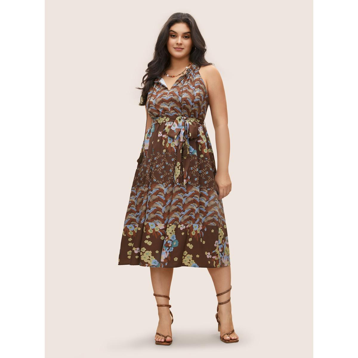 Plus Size Bandana Tie Neck Belted Tassel Trim Dress DarkBrown Women Resort Non V-neck Sleeveless Curvy Midi Dress BloomChic 26/4X Product Image