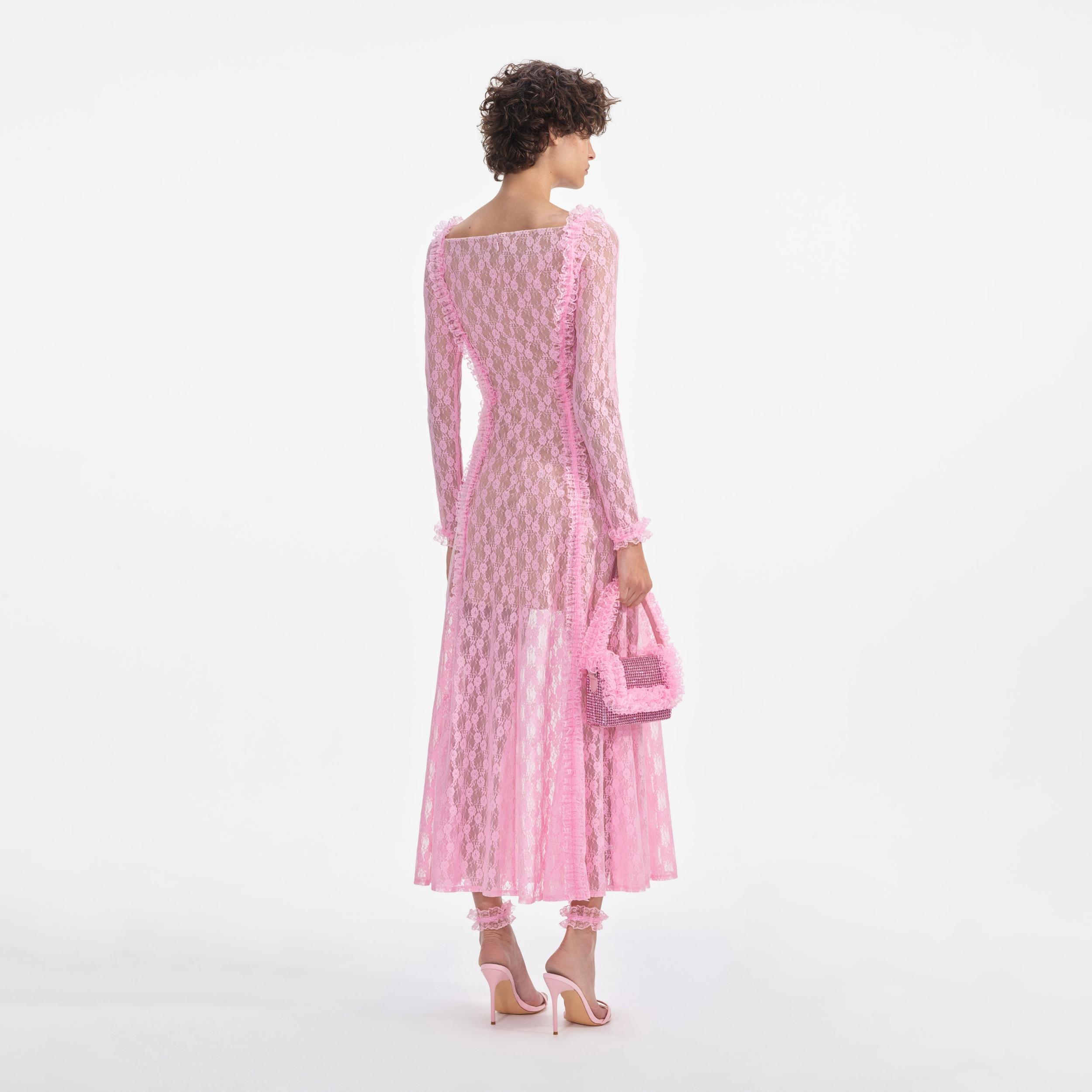 Pink Lace Ruffle Midi Dress Product Image