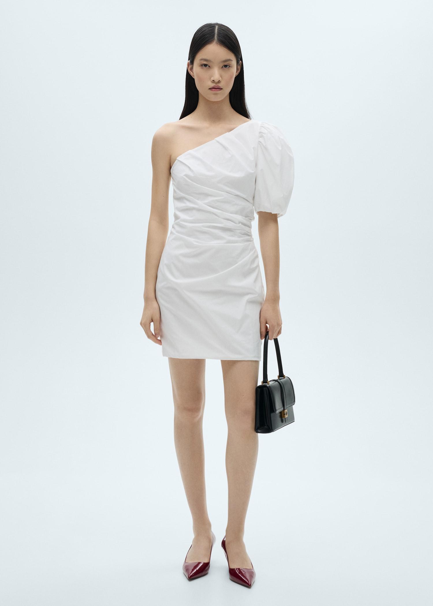 Asymmetrical puff-sleeve dress - Women | MANGO USA Product Image