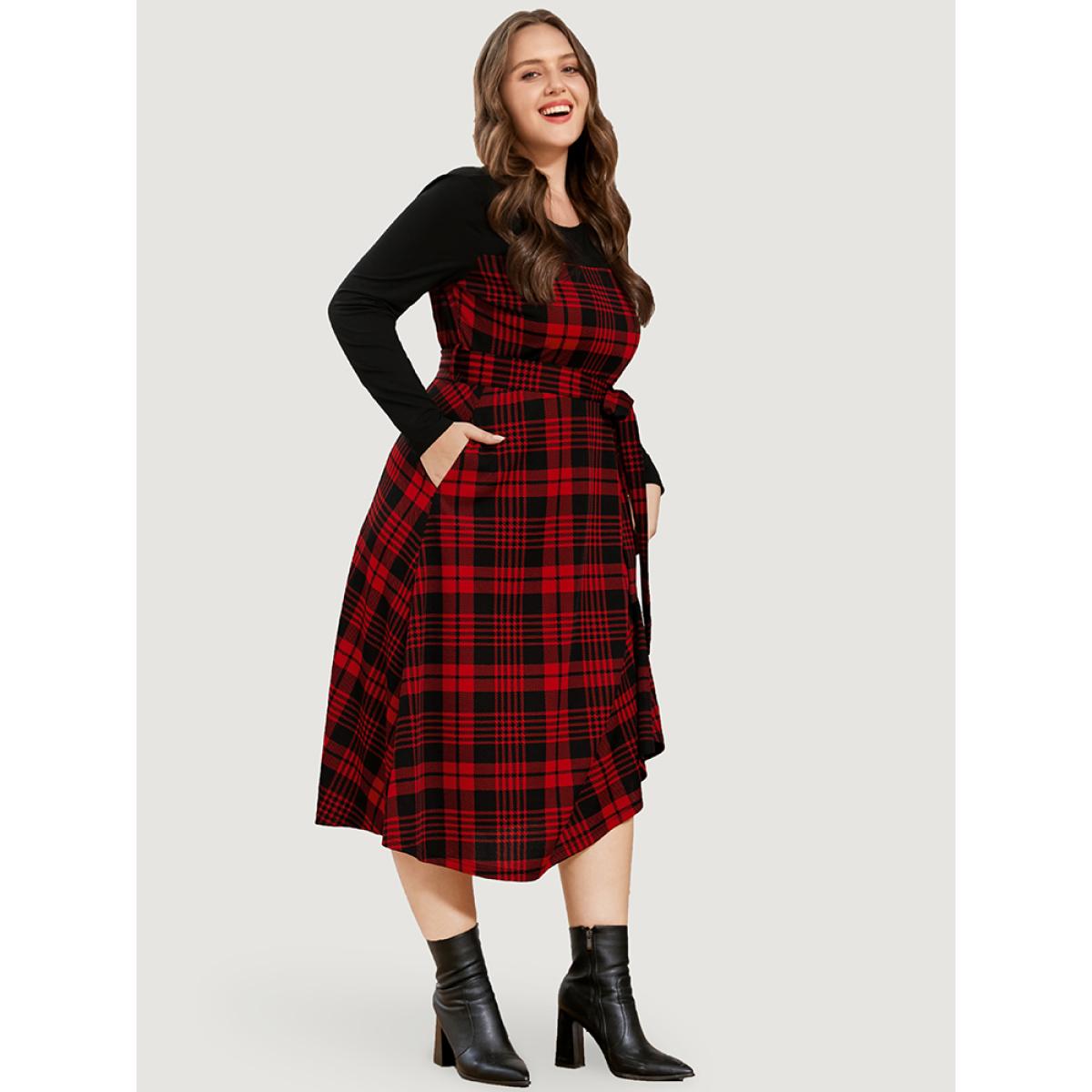Plus Size Plaid Patchwork Round Neck Pocket Belted Dress Red Women Elegant Patchwork Round Neck Long Sleeve Curvy Midi Dress BloomChic 22-24/3X Product Image