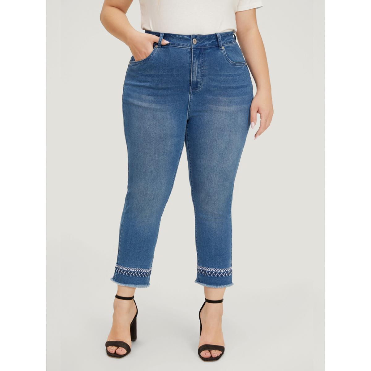 Plus Size Very Stretchy Medium Wash Embroidered Raw Hem Jeans Women Blue Elegant Plain Embroidered High stretch Pocket Jeans BloomChic 12/L Product Image