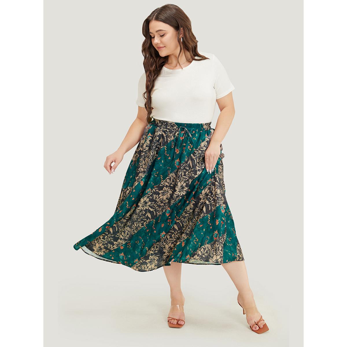 Plus Size Floral Contrast Pocket Knot Front Skirt Women Multicolor Elegant Contrast No stretch Pocket Dailywear Skirts BloomChic 12/L Product Image