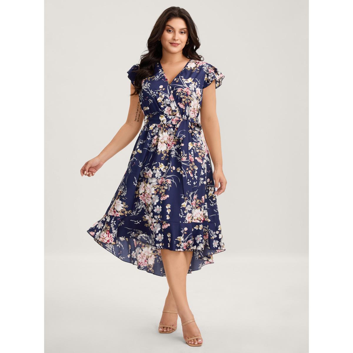 Plus Size Midnight Blooms Wrap A-Line Midi Dress Navy Women Romantic Overlap Collar Cap Sleeve Curvy BloomChic 28/5X Product Image