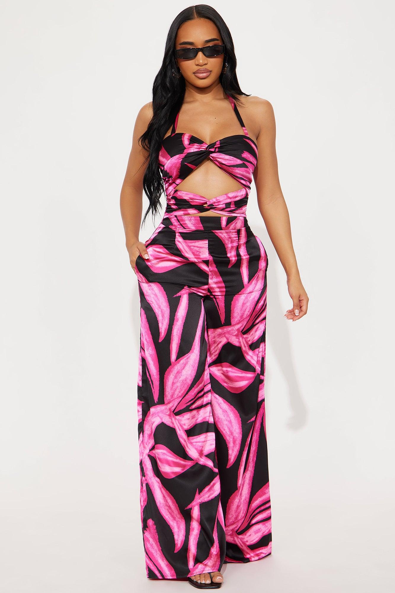 Warm Waters Satin Jumpsuit - Black/Pink Product Image