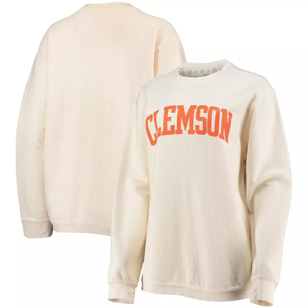 Women's Pressbox White Clemson Tigers Comfy Cord Vintage Wash Basic Arch Pullover Sweatshirt,  Product Image