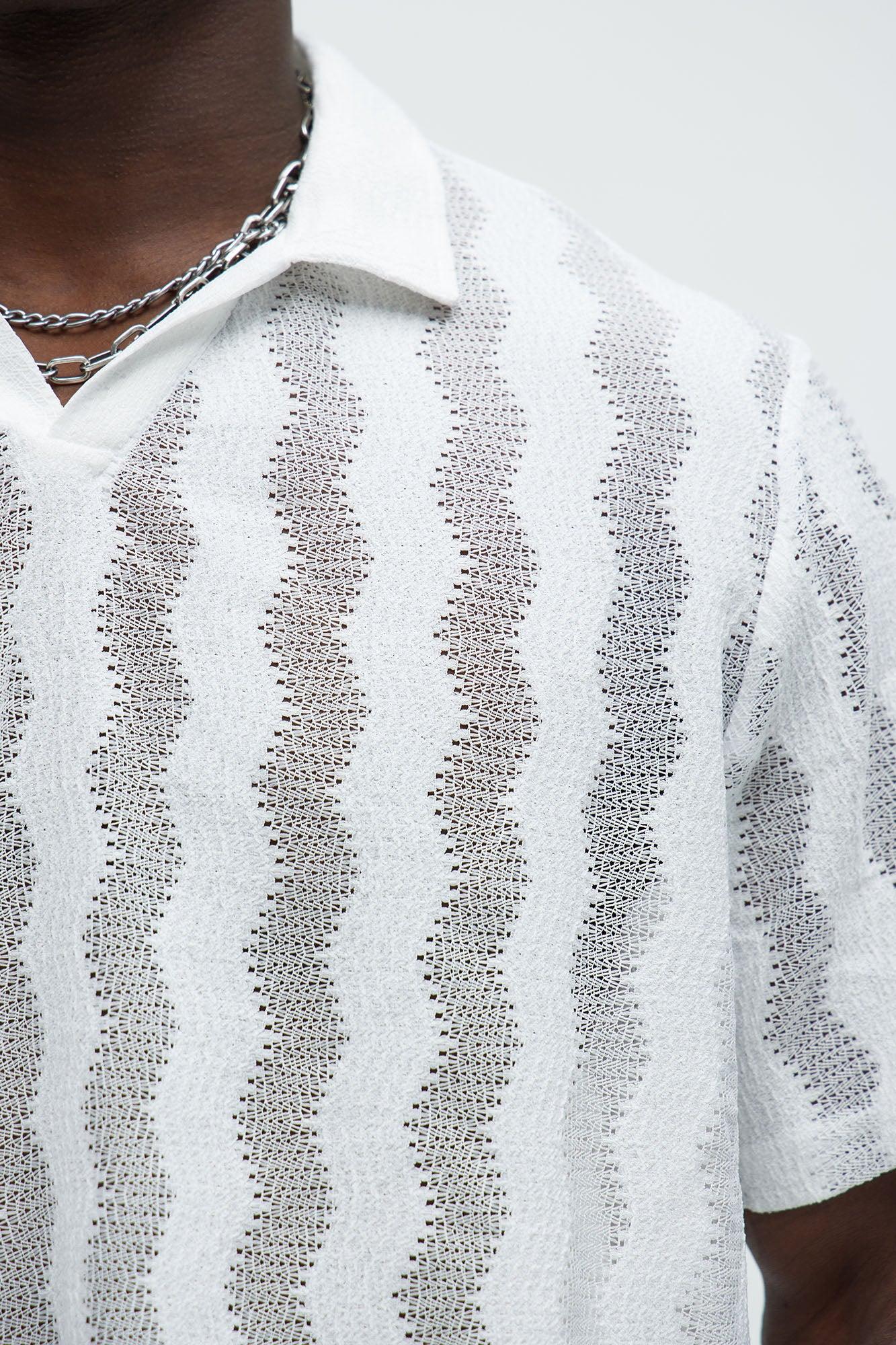 Wavy Crochet Lightweight Johnny Collar Shirt - White Product Image