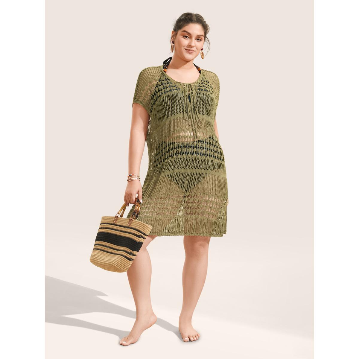 Plus Size Solid Cut Out See Through Lace Up Swim Cover Up Women's Swimwear Olive Beach Tie knot Curve Swim Cover Ups BloomChic 18-20/2X Product Image