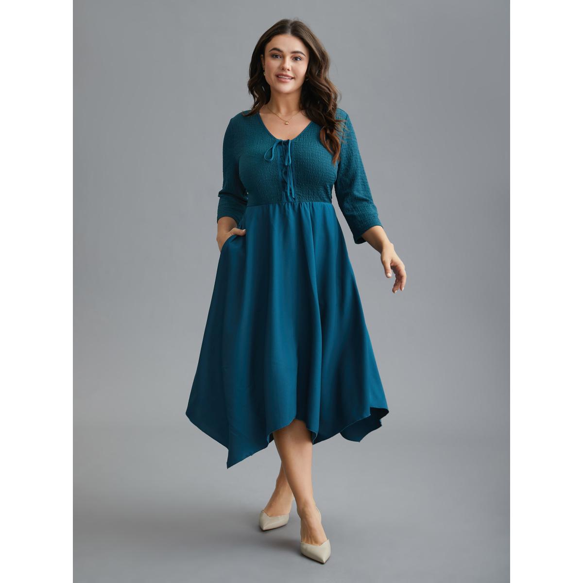 Plus Size Adjustable Drawstring Asymmetrical Hem Textured Dress Aegean Women Elegant Wraparound straps V-neck Elbow-length sleeve Curvy BloomChic 26/4X Product Image